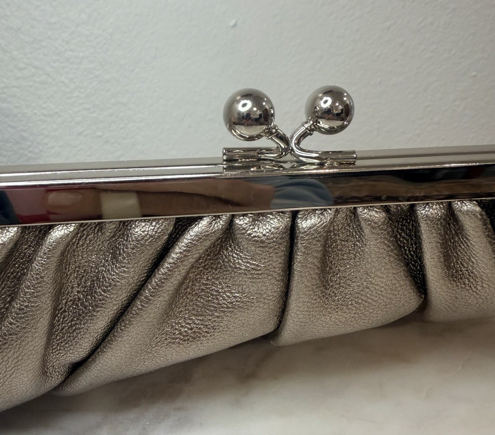 Express Metallic Silver Kiss Lock Pleated Clutch, Lined w/ Inner Pockets