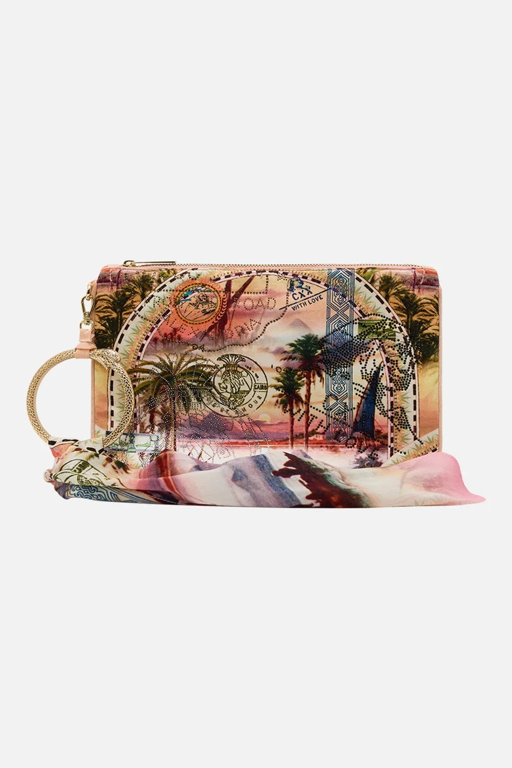 NWT Camilla “Millas Got Mail” Egypt motif silk ring scarf clutch wristlet bag