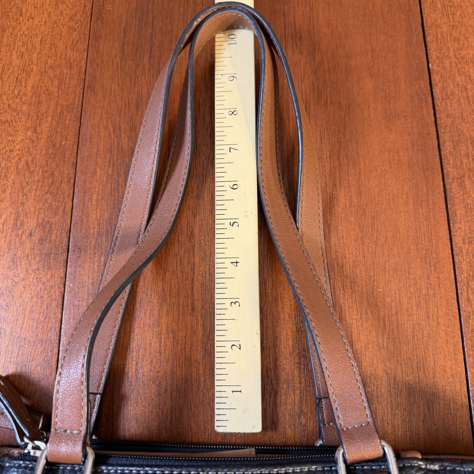 Chaps Women’s Black Pebbled Tote Bag with Brown Trim Shoulder Minimalist Chic