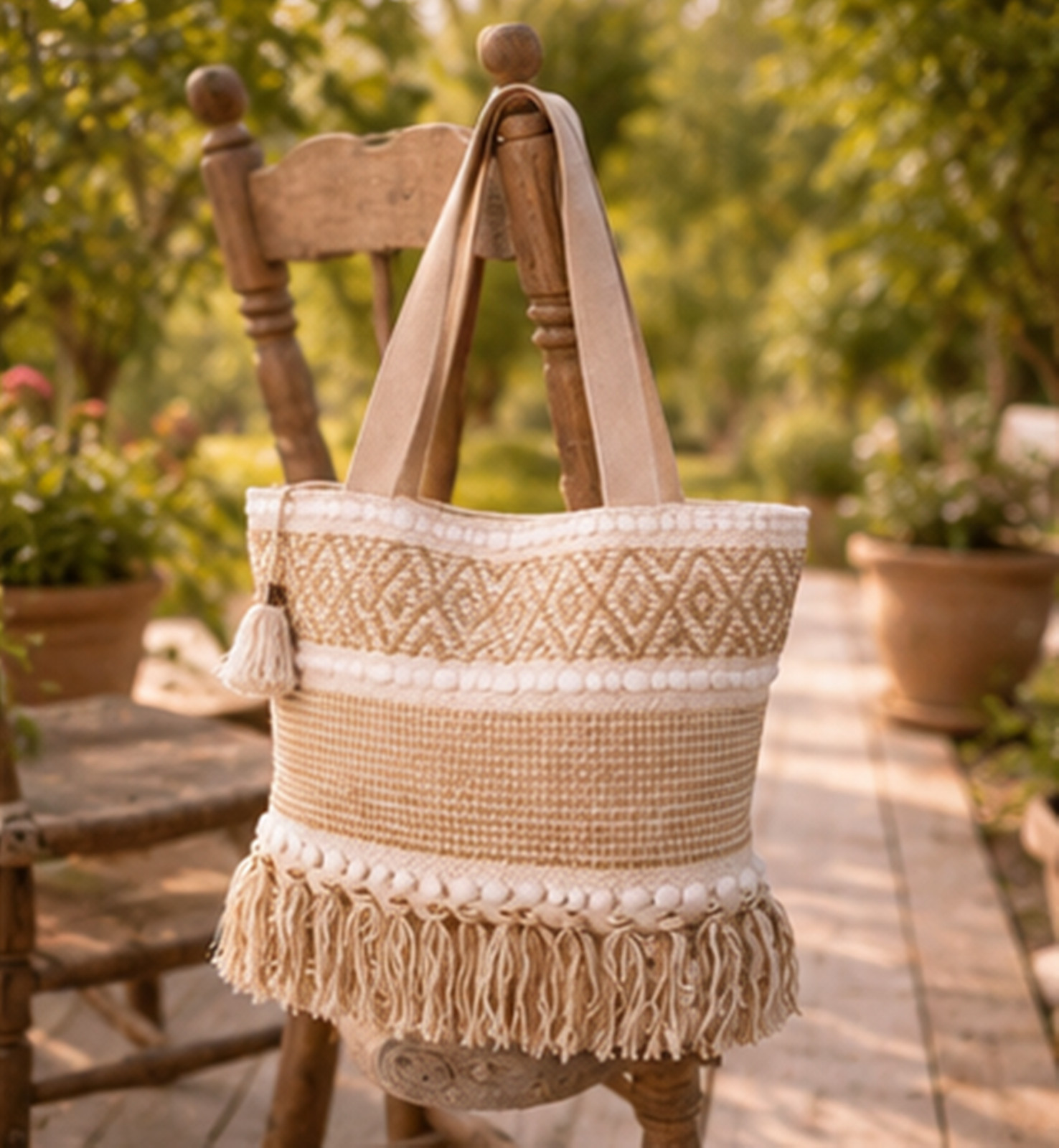 Boho Fringe Tote Bag, Woven Cotton Beach Bag, Handmade Tassel Shoulder