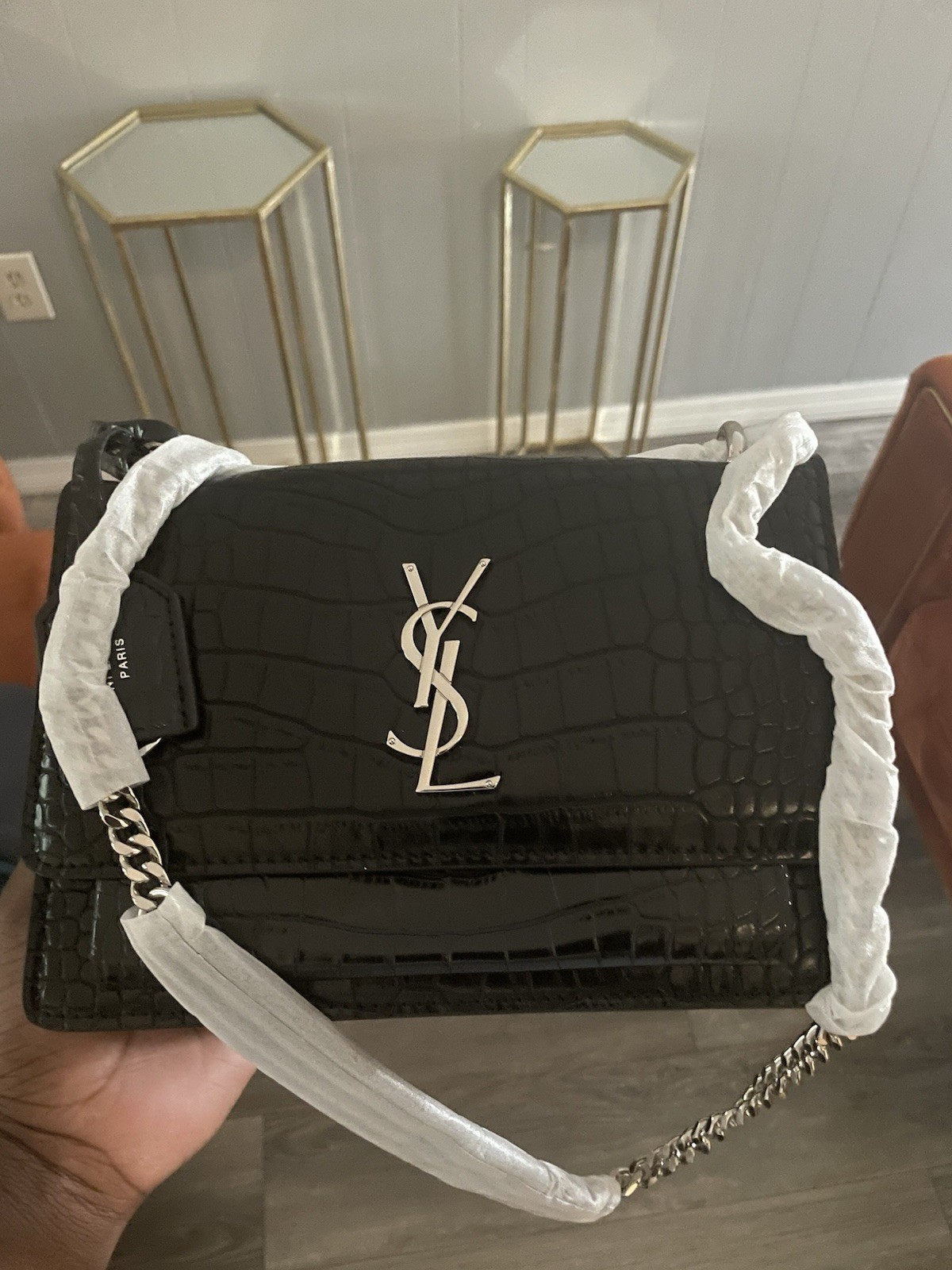 Saint Laurent Black Croc Embossed Small Crossbody Chain Strap Silver Logo