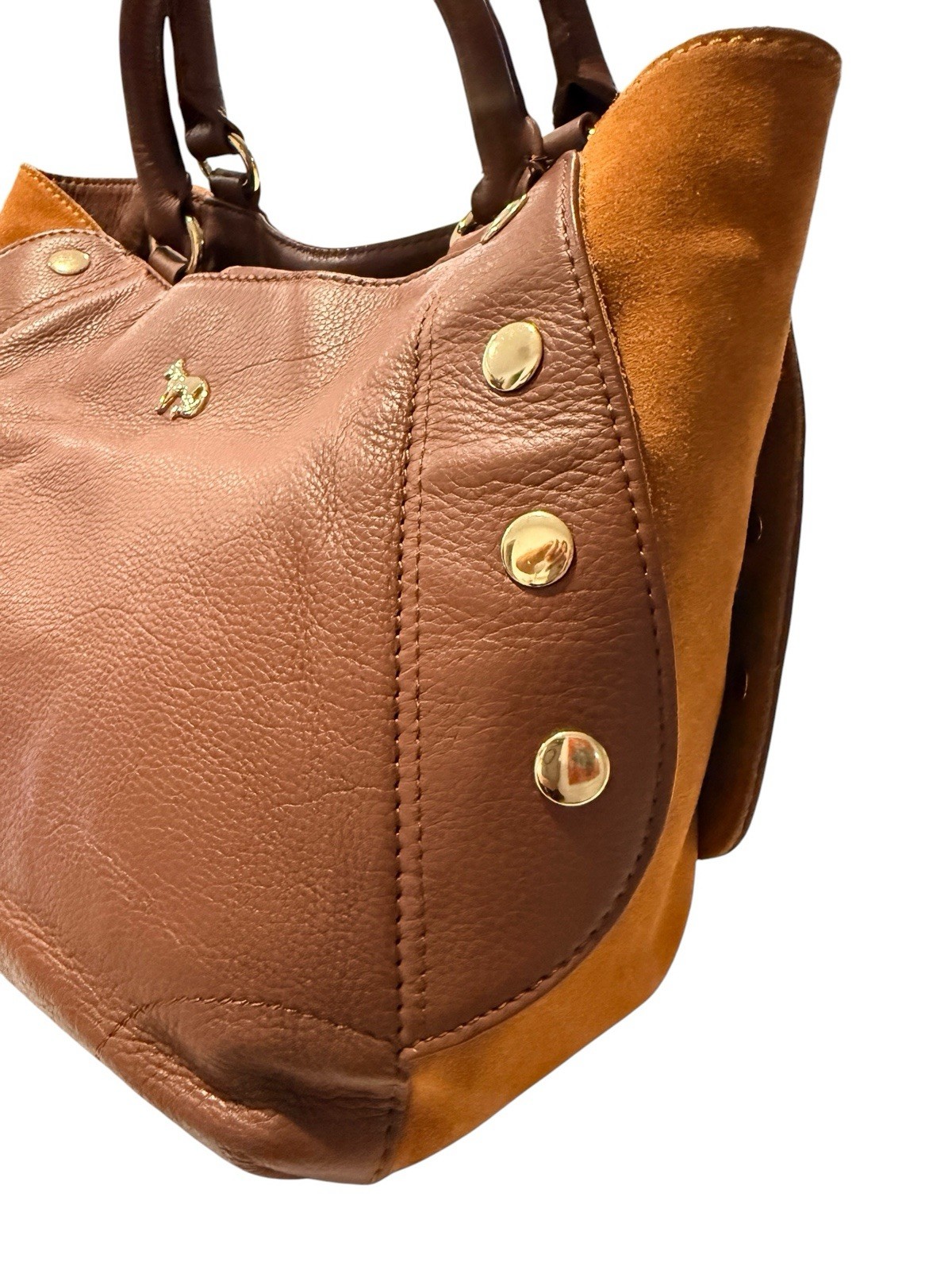 Emma Fox Brown Pebble Leather Satchel Handbag Sweet Panels Gold Tone Large ￼