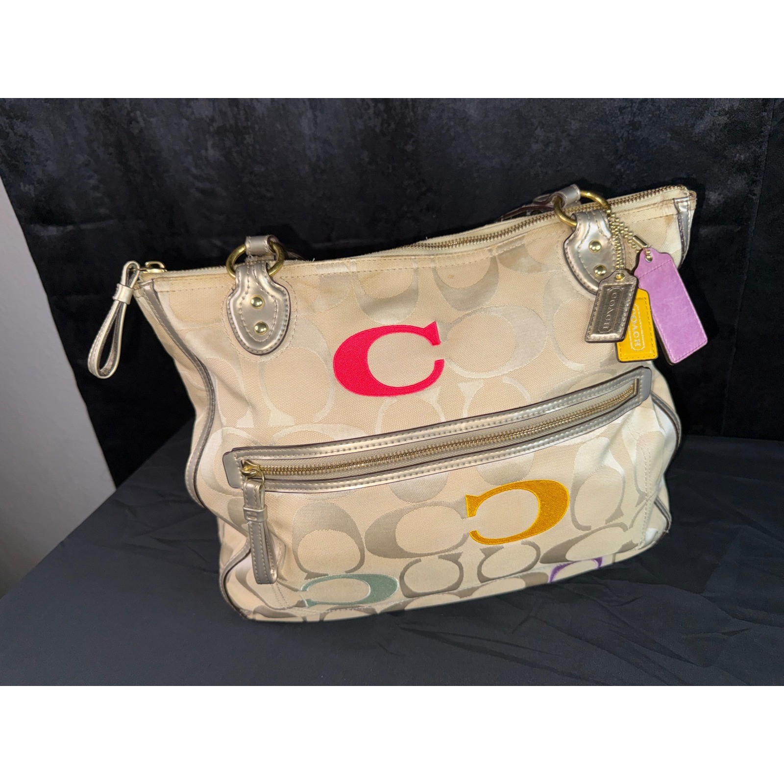 Coach Poppy Signature Sateen Tote Bag Beige Gold Multi Color C 22412 Large Tote