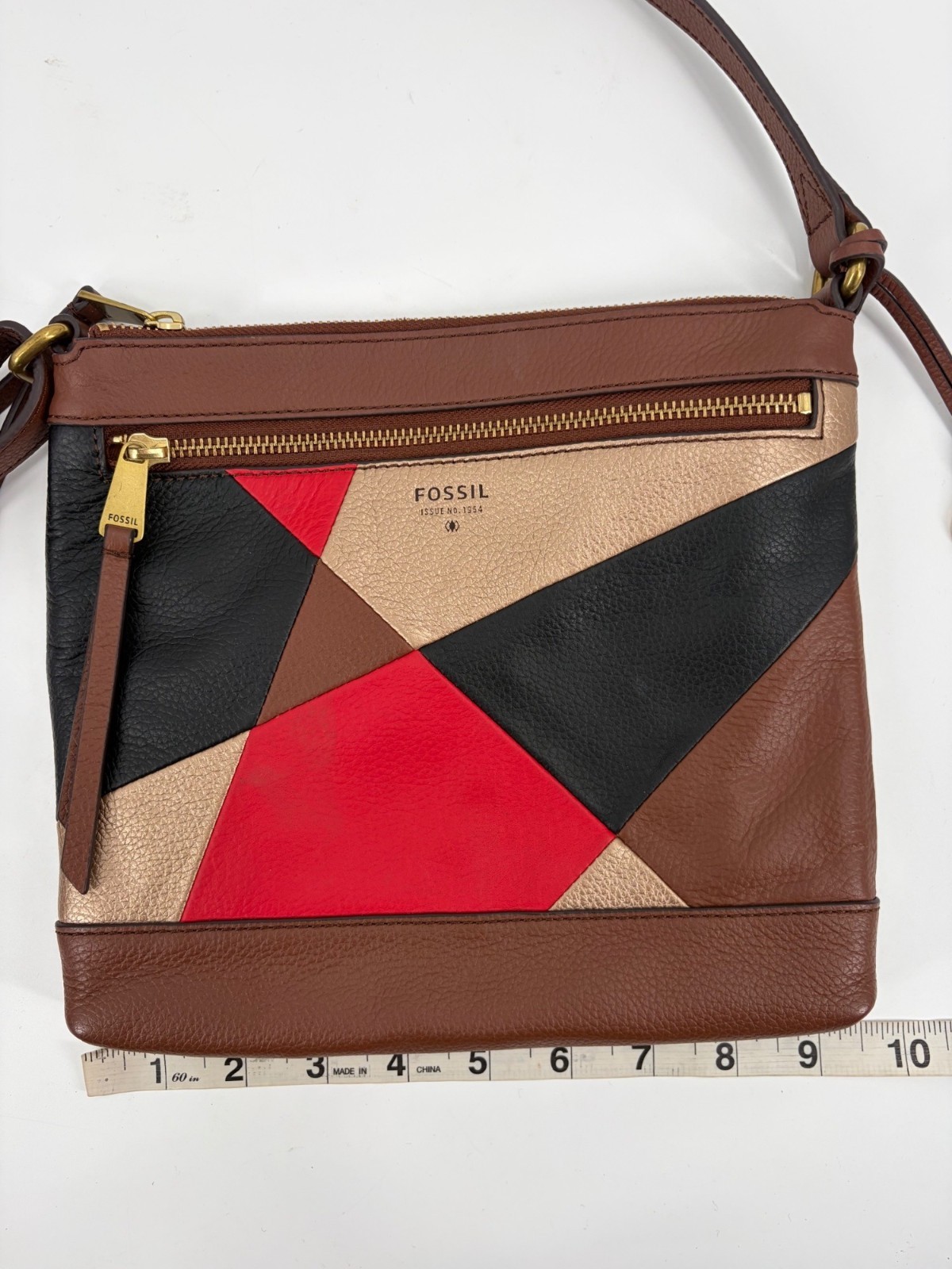 Fossil Fiona Boho Leather Color Block Crossbody Bag Inner Pockets Key Charm