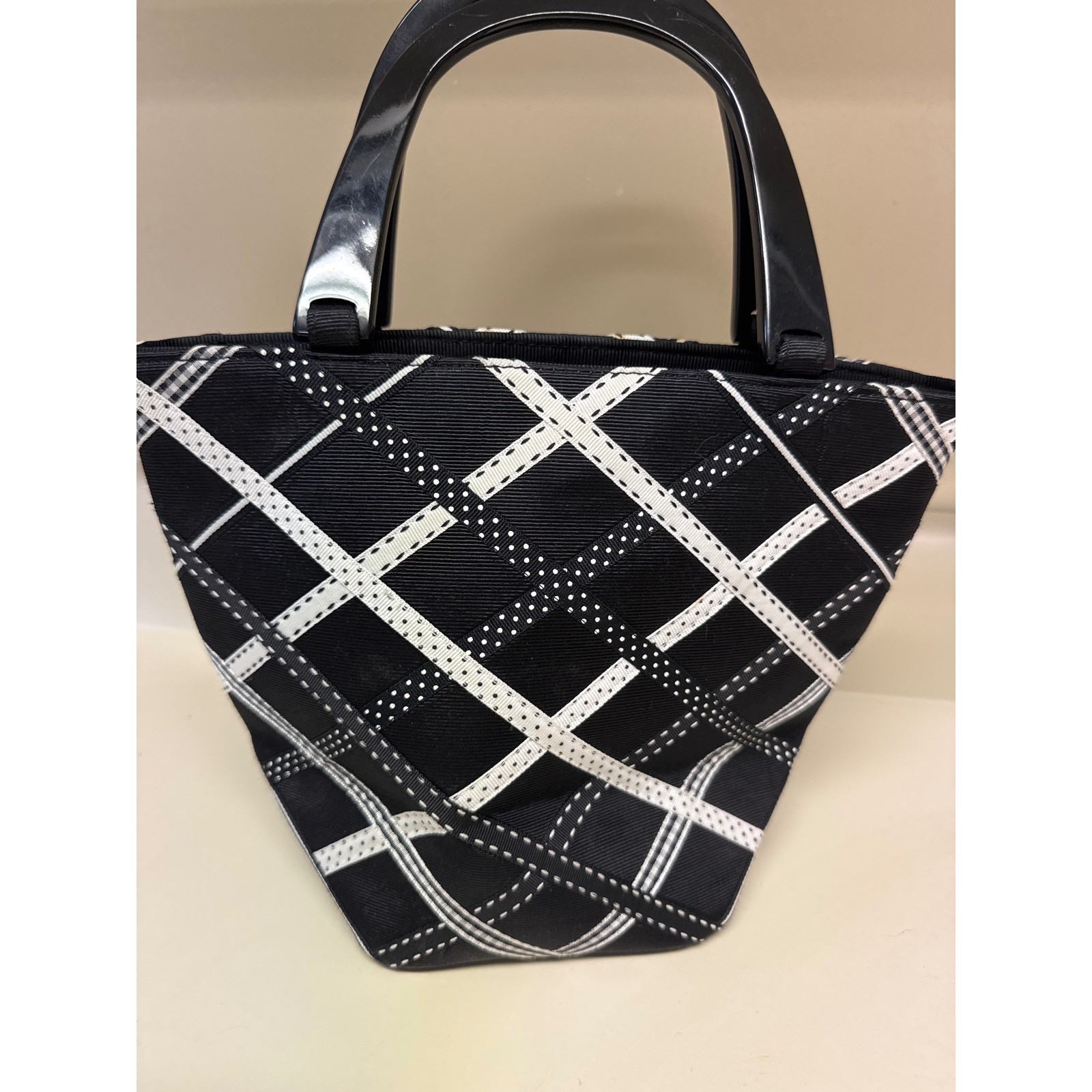 Talbots Womens Black White Lattice Ribbon Tote Bag Small Handbag Resin Handles