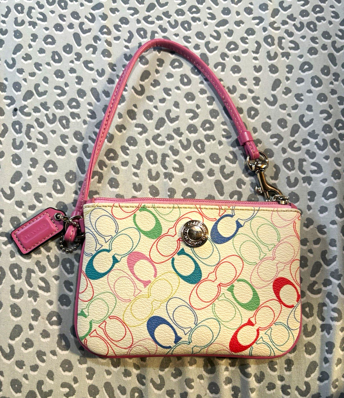 Coach Signature C Multicolor Zip Wristlet Pouch with Pink Wrist Strap
