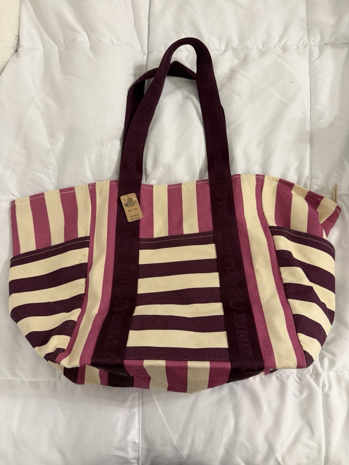 PINK Striped Canvas Tote Bag Pink Cream Burgundy Zip Closure for Women