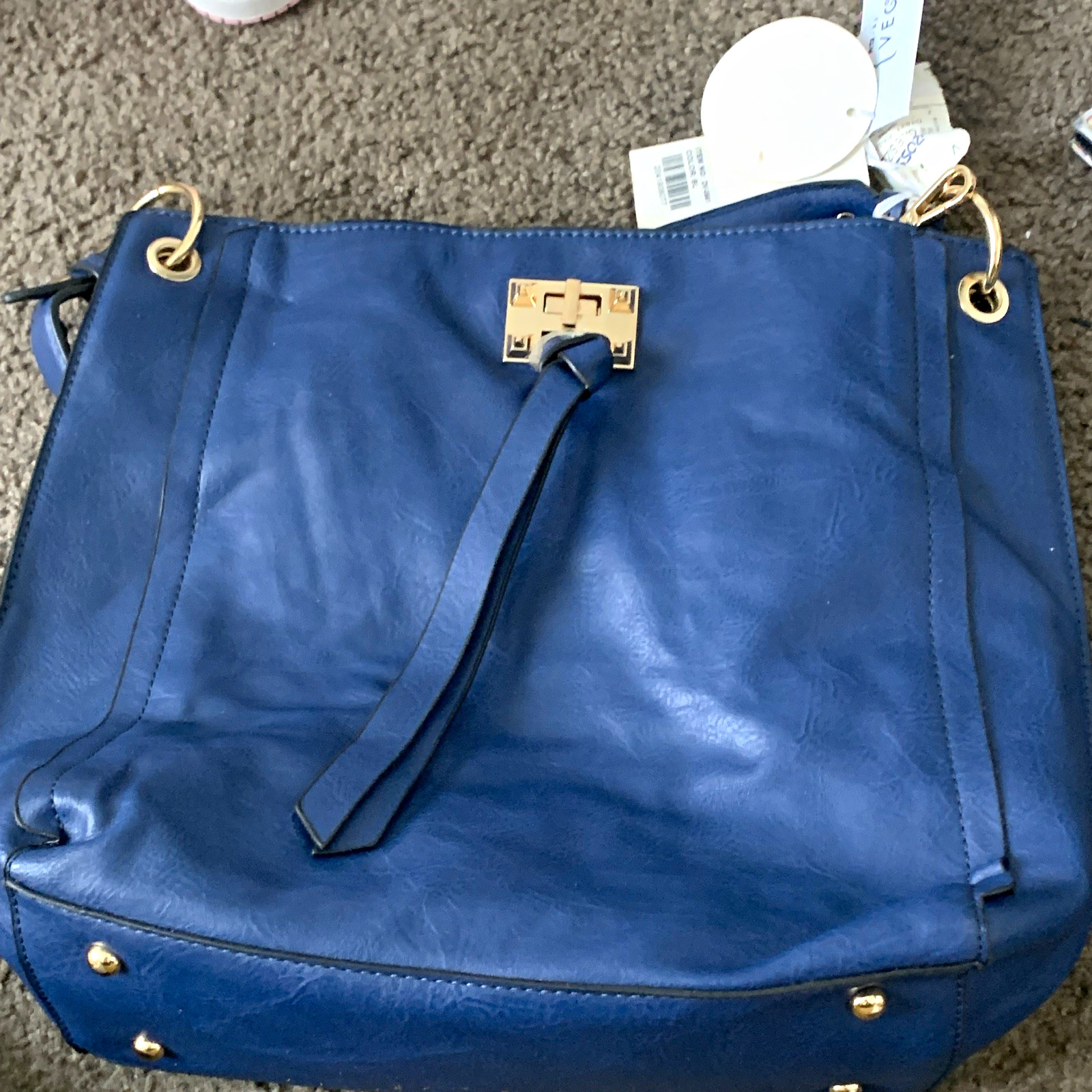 Women’s Blue Medium Shoulder Bag Solid Rectangle Zip Closure Gold Hardware Strap