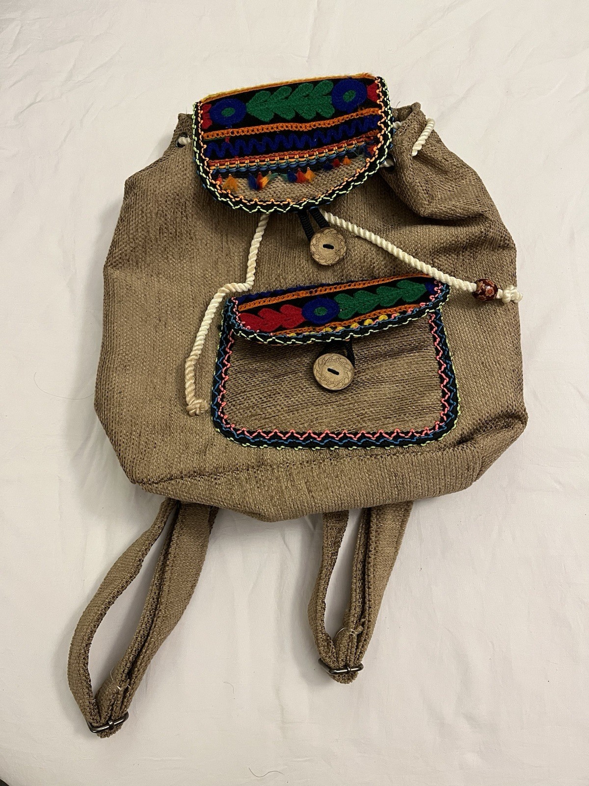 Bohemian-style Drawstring Backpack Colorful Embroidered Accent Made In Egypt