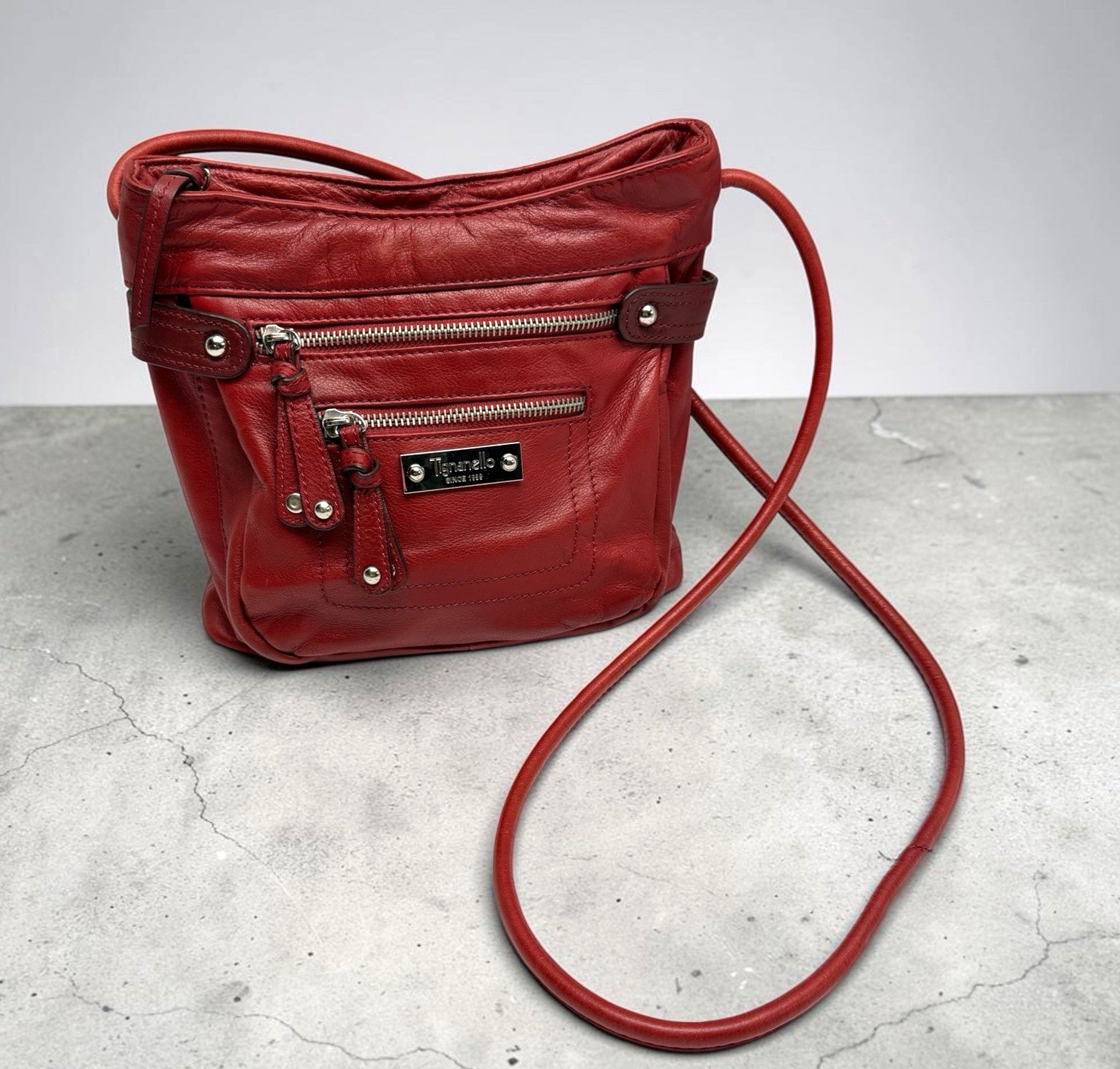 Tignanello Red Pebbled Leather Multi Pocket Crossbody Organizer Shoulder Bag