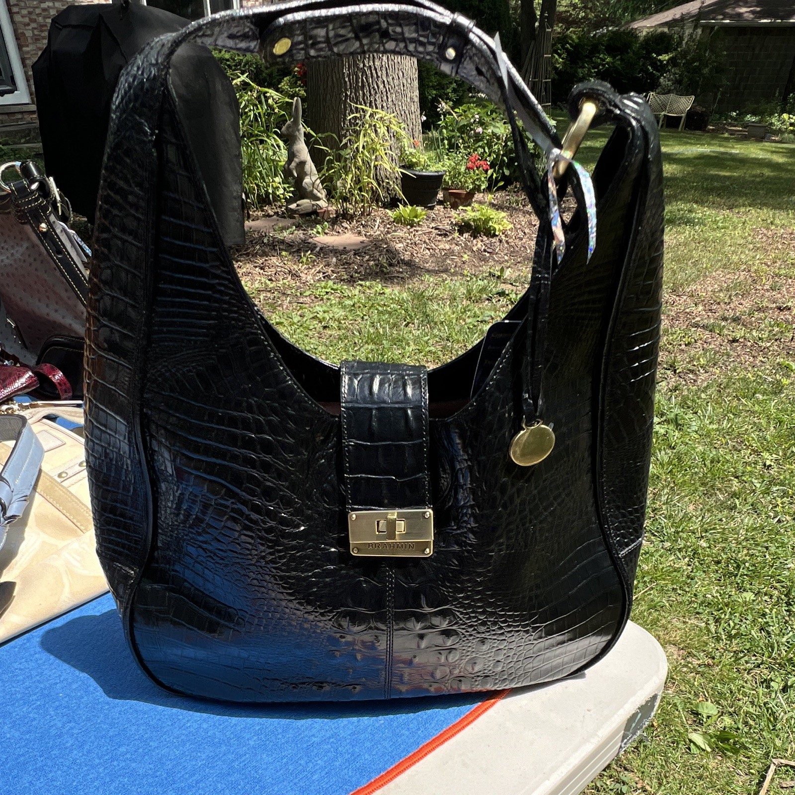 Brahmin Women’s Large Black Crocodile Hobo Shoulder Bag Gold Turn Lock Charm