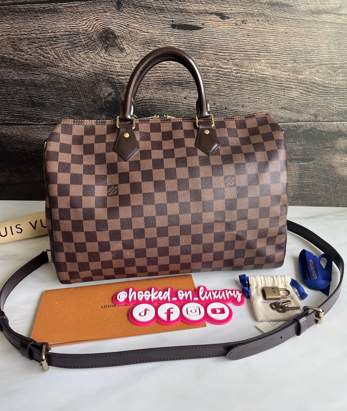 Authentic Louis Vuitton Speedy Bandouliere 35 Damier Ebene Crossbody Handbag