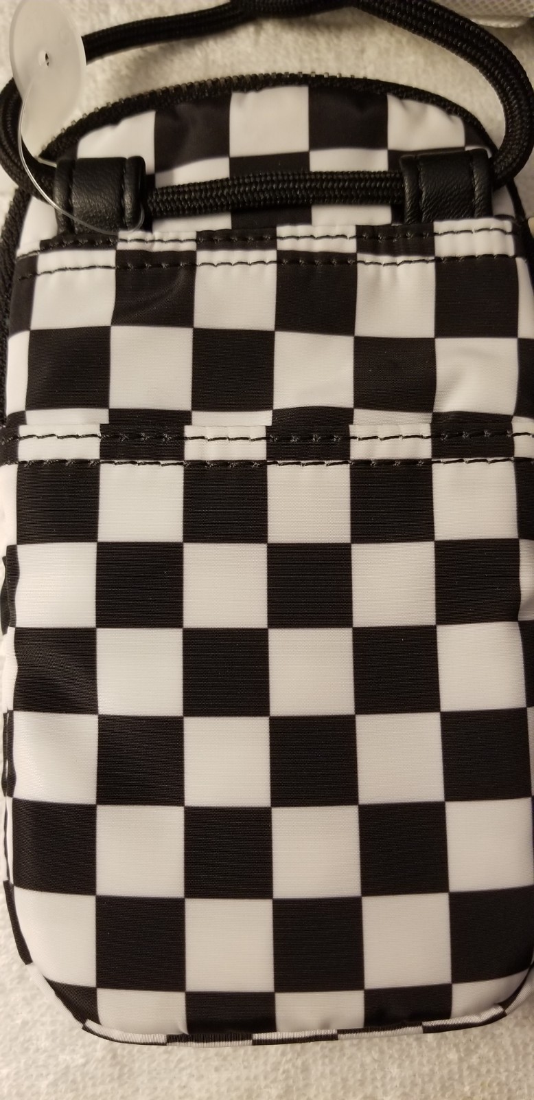 No Boundaries Black White Checkered Bungee Crossbody Phone Bag Mini Zip Closure