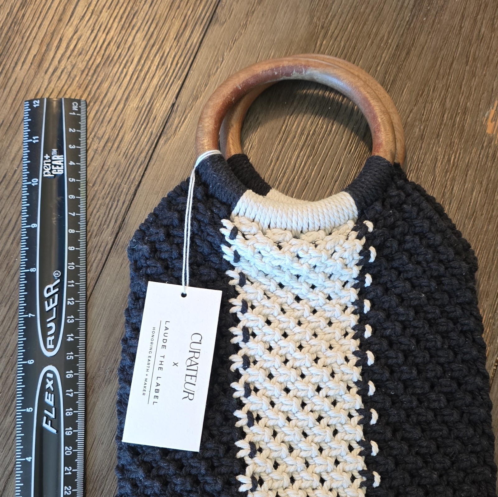 Laude The Label Crochet Knit Top Handle Bag Black/Beige Colorblock Wood Handles