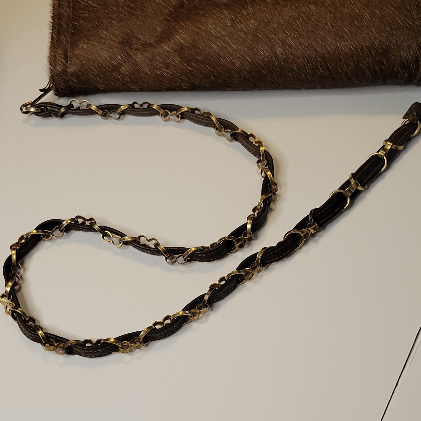 Vintage Haircalf Leather Shoulder Bag Brown Pony Hair Chain Strap Boho