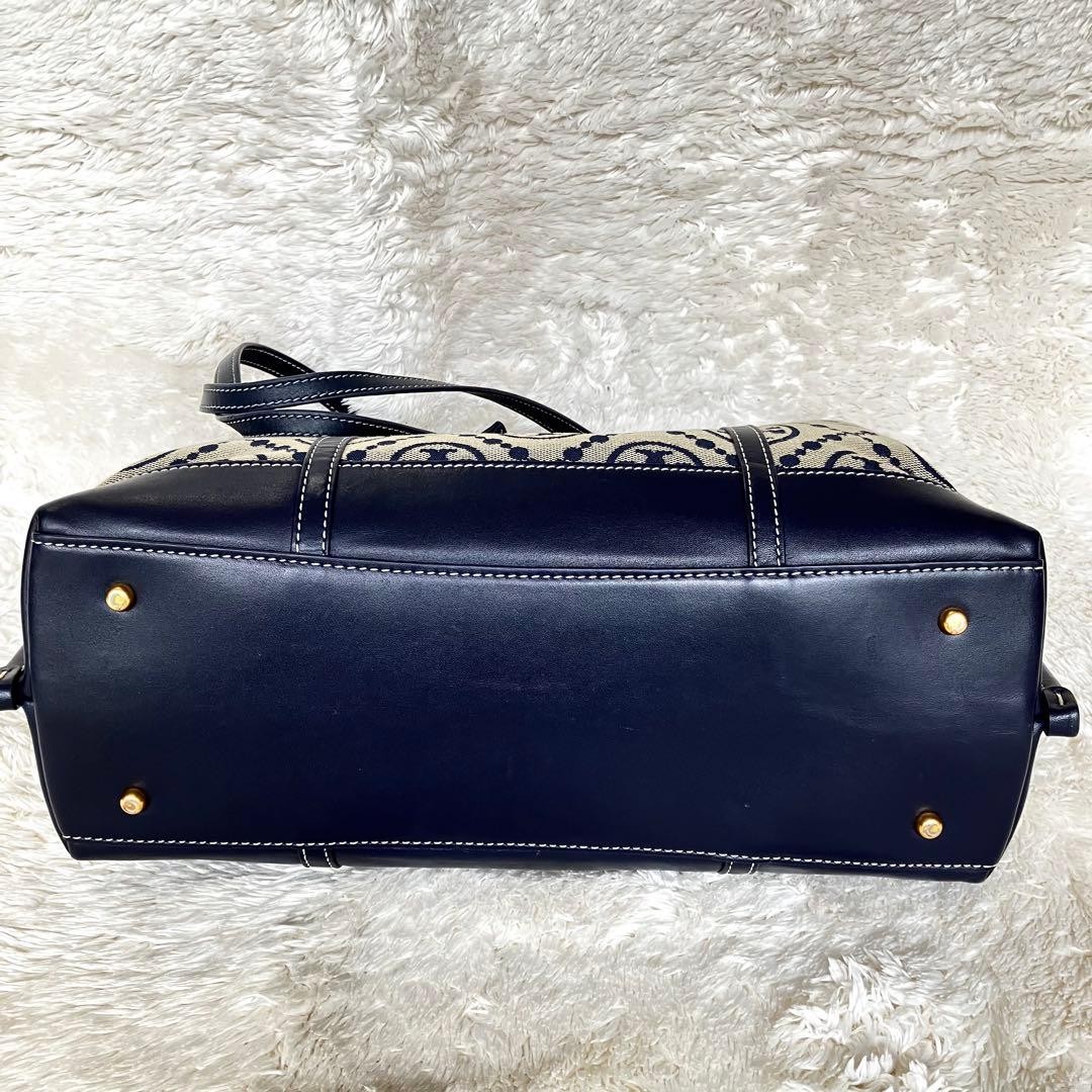 Tory Burch Perry T Monogram Triple Compartment Navy Beige Leather Tote Bag