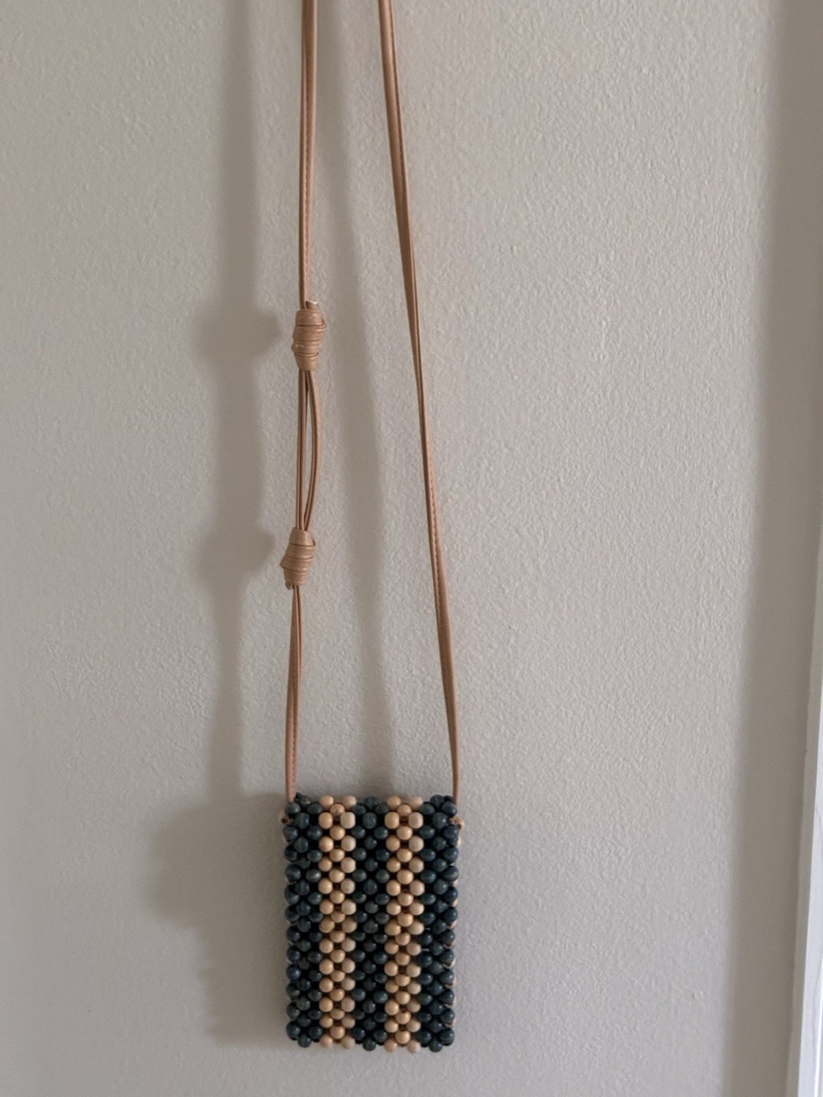 Small Women’s Boho Blue Beige Striped Beaded Rectangle Crossbody Bag