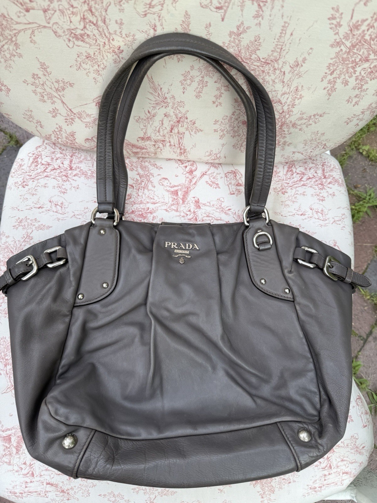 Prada Grey Pleated Leather Tote