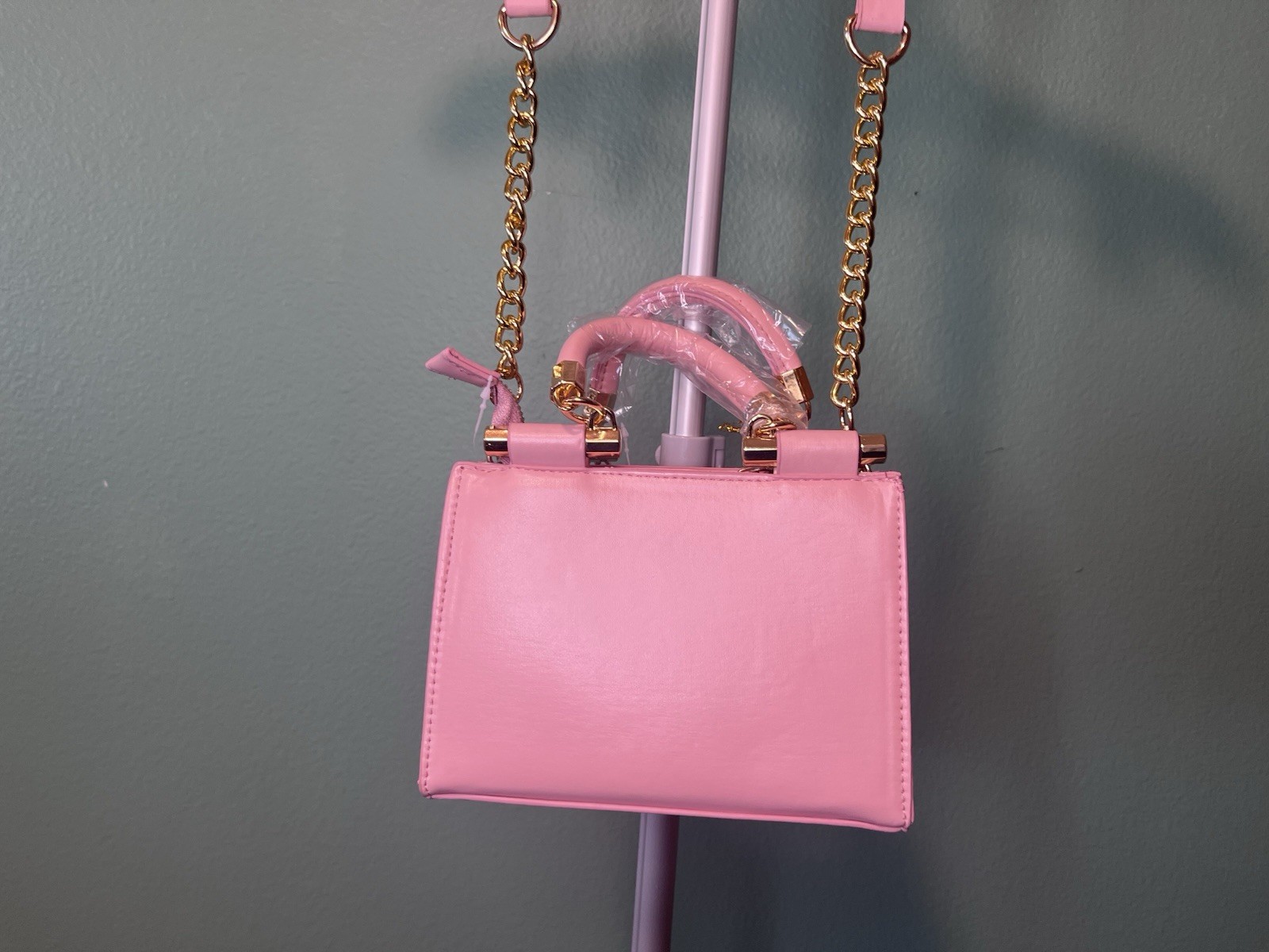 bebe Pink Small Crossbody Satchel Top Handle Zip Gold Chain Detach Strap Pouch