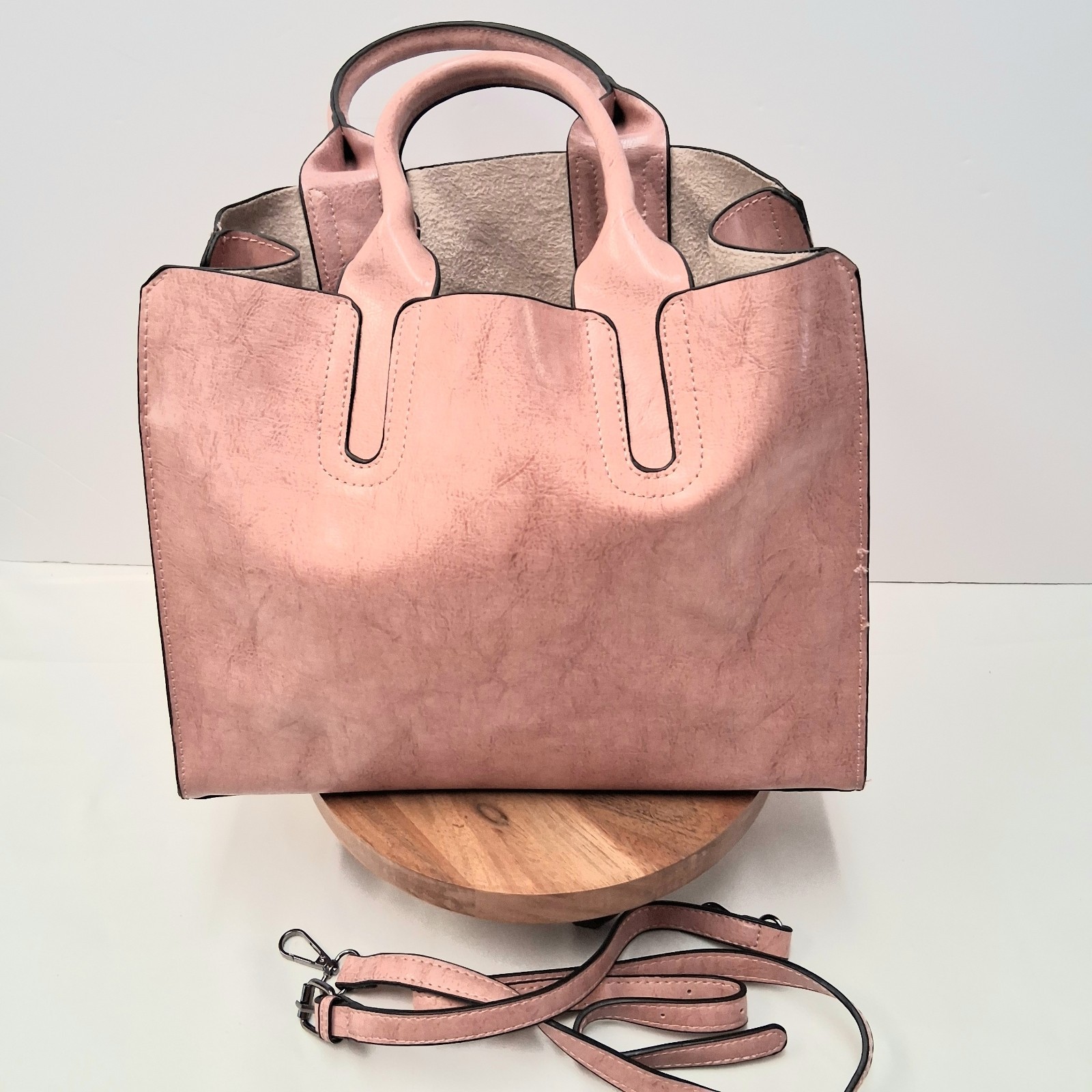 Dusty Pink PU Leather Tote Handbag Unbranded Strap Pockets Brown Liner EUC