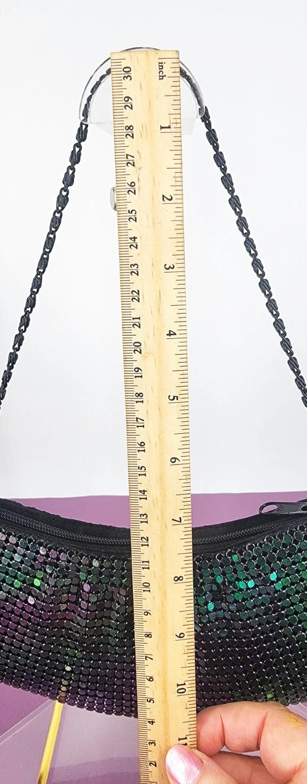 90s Y2K Black Iridescent Chain Mail Mesh Crescent Evening Bag Black Chain Handle