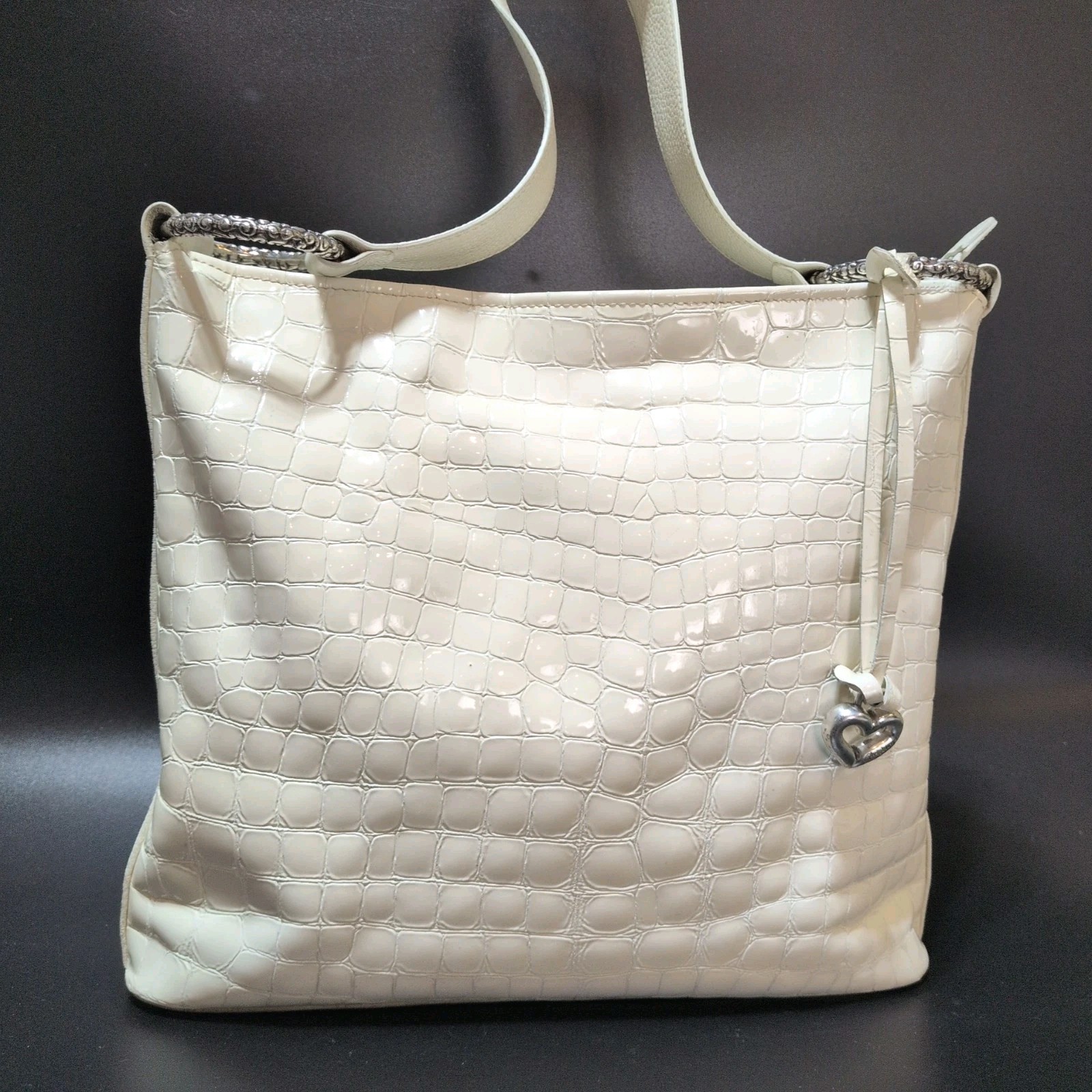 Brighton Cher Collection Wht Leather & Croco Patent Shoulder Bag Silver Hardware