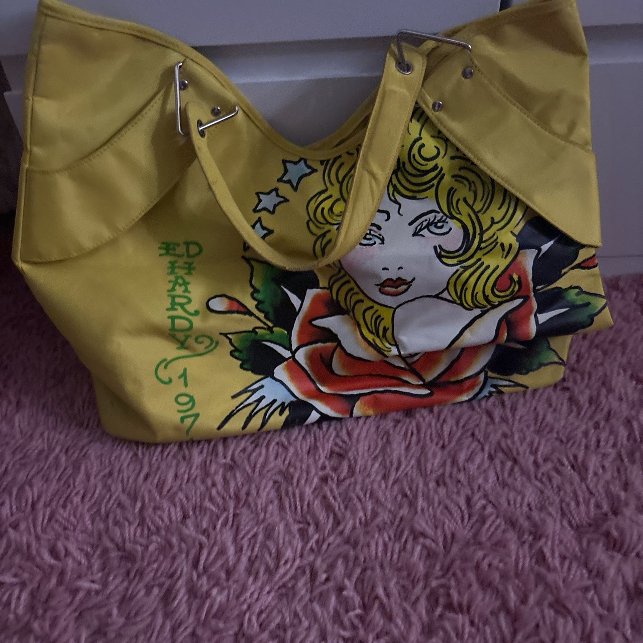 Ed Hardy Yellow Tote Bag Rose Tattoo Graphic Print, Magnetic Closure, Pockets