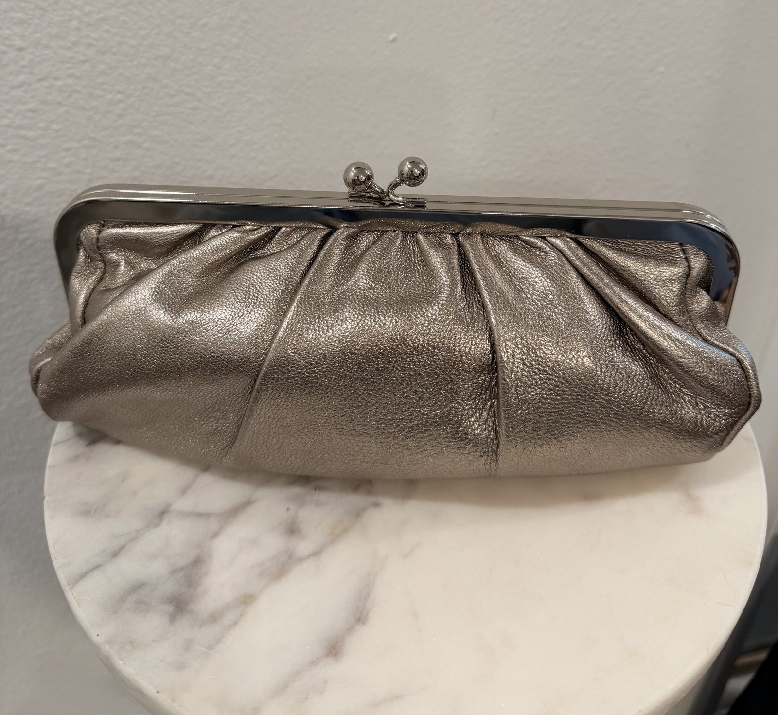 Express Metallic Silver Kiss Lock Pleated Clutch, Lined w/ Inner Pockets