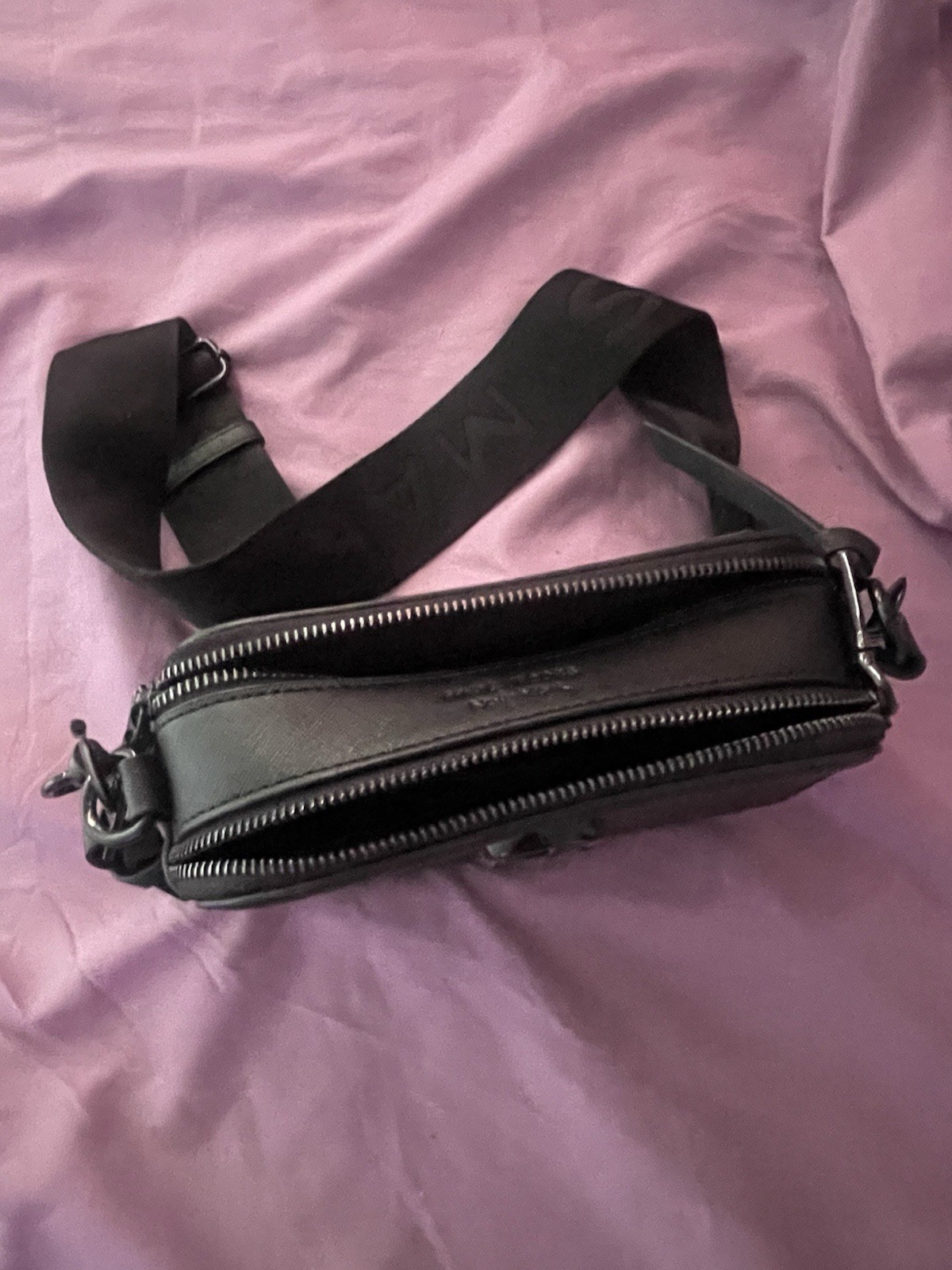 Marc Jacobs Gray Small Zip Crossbody Bag, Adjustable Black Strap, Logo