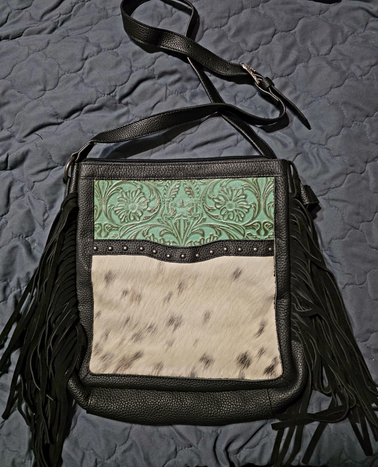 Women’s Western Black Green Floral Crossbody Bag Fringe Zip Adjustable Pockets