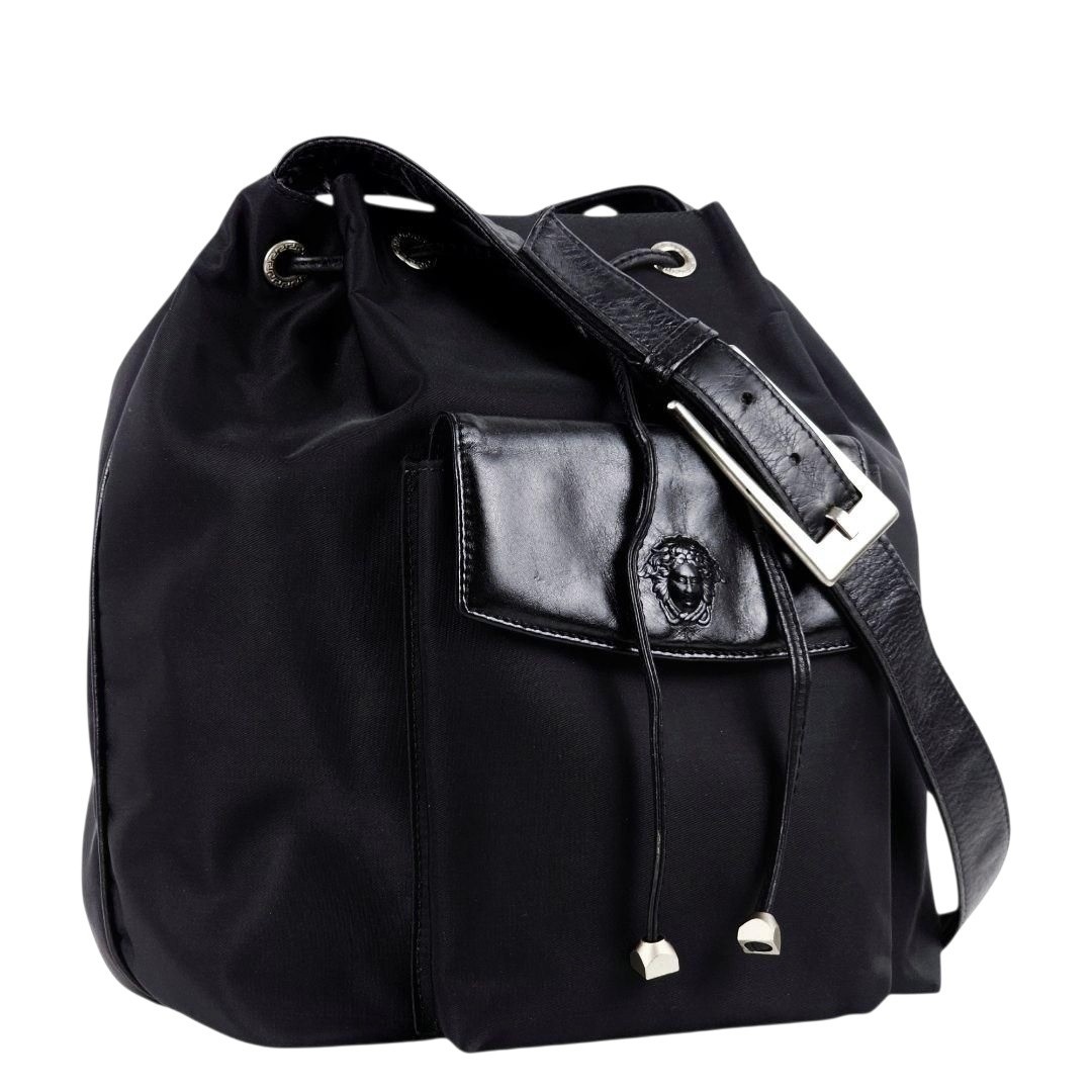 Versace Drawstring shoulder bag Medusa Nylon Leather Size: W: 11.8× H:11.8 in.