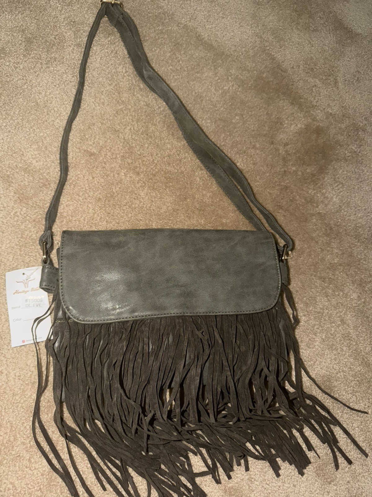 Heritage West Faux Suede Fringe Crossbody Purse Bag Olive Green NWT Boho Western