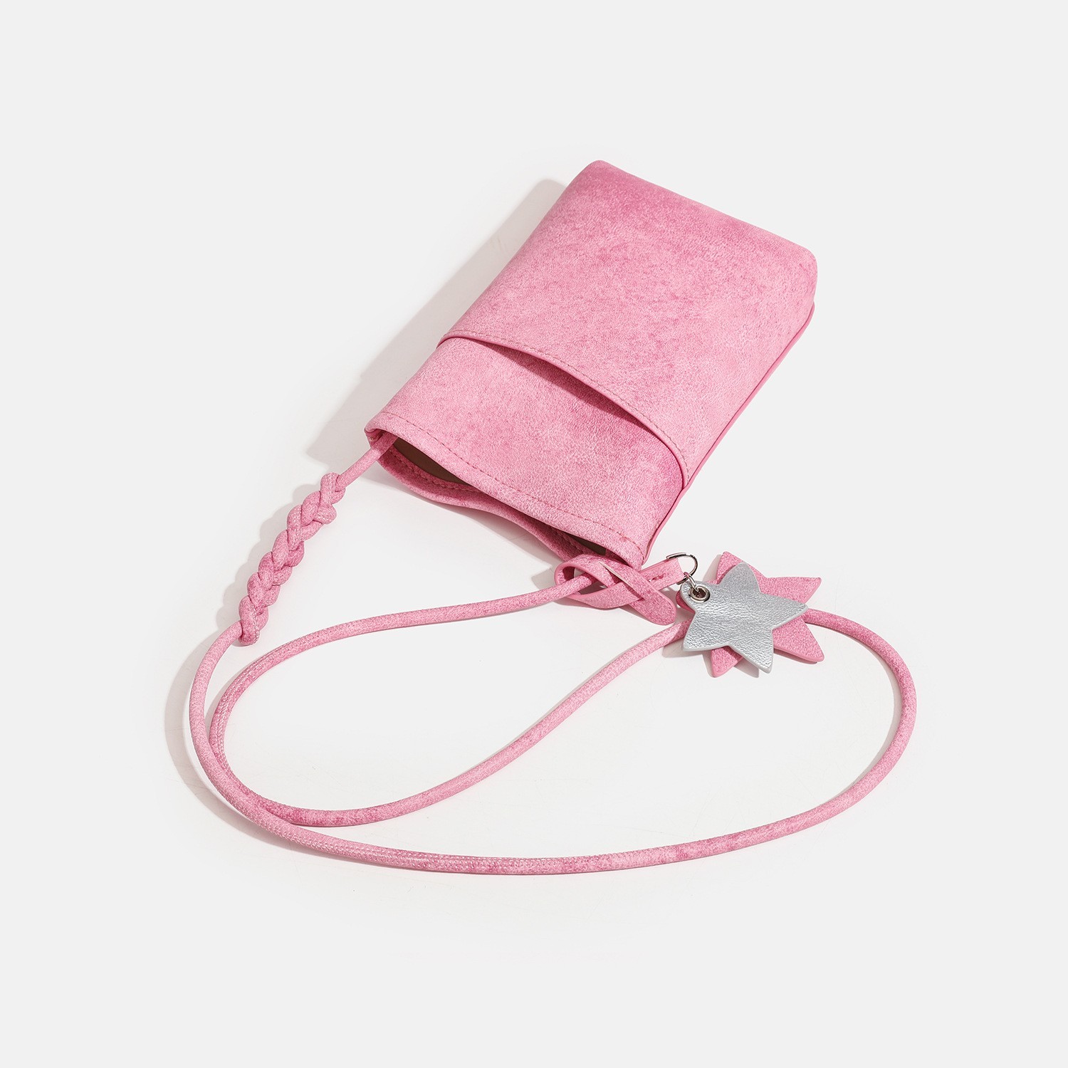 Pink Mini Crossbody Bag Womens Phone Shoulder Bag Faux Suede Star Charm