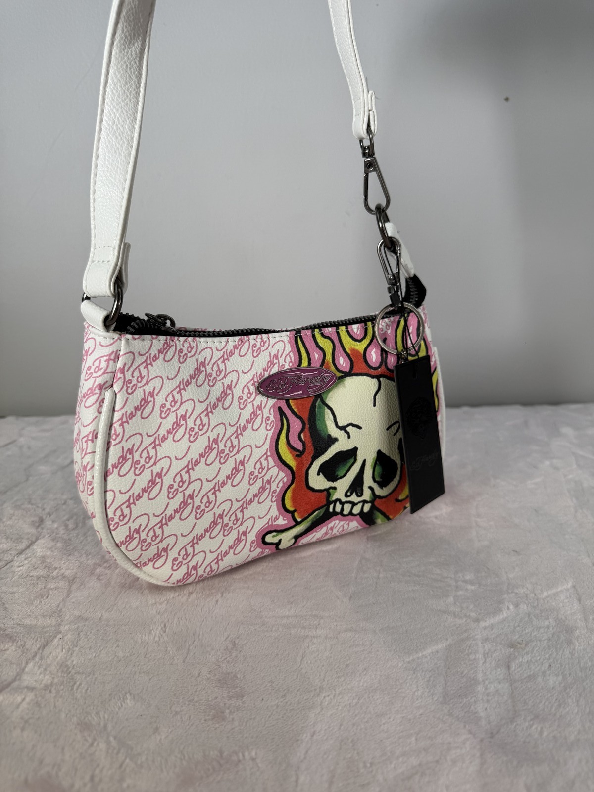 Ed Hardy White Pink Skull Graphic Shoulder Bag