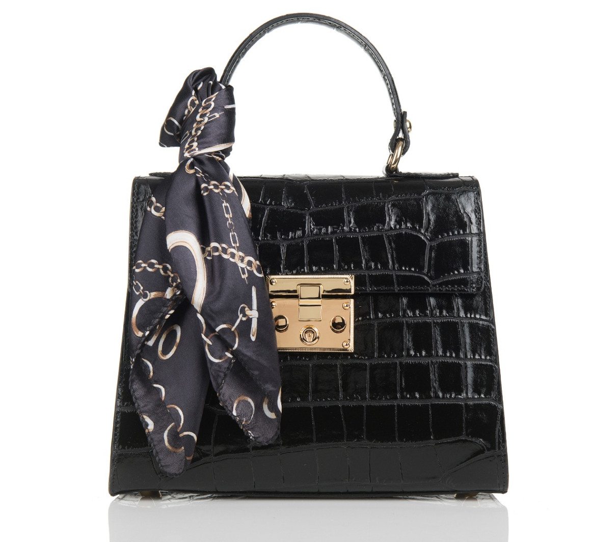 ITALIAN PREMIUM LEATHER CROC EMBOSSED BAG HANDBAG W ACCENT SCARF- MADE IN ITALY
