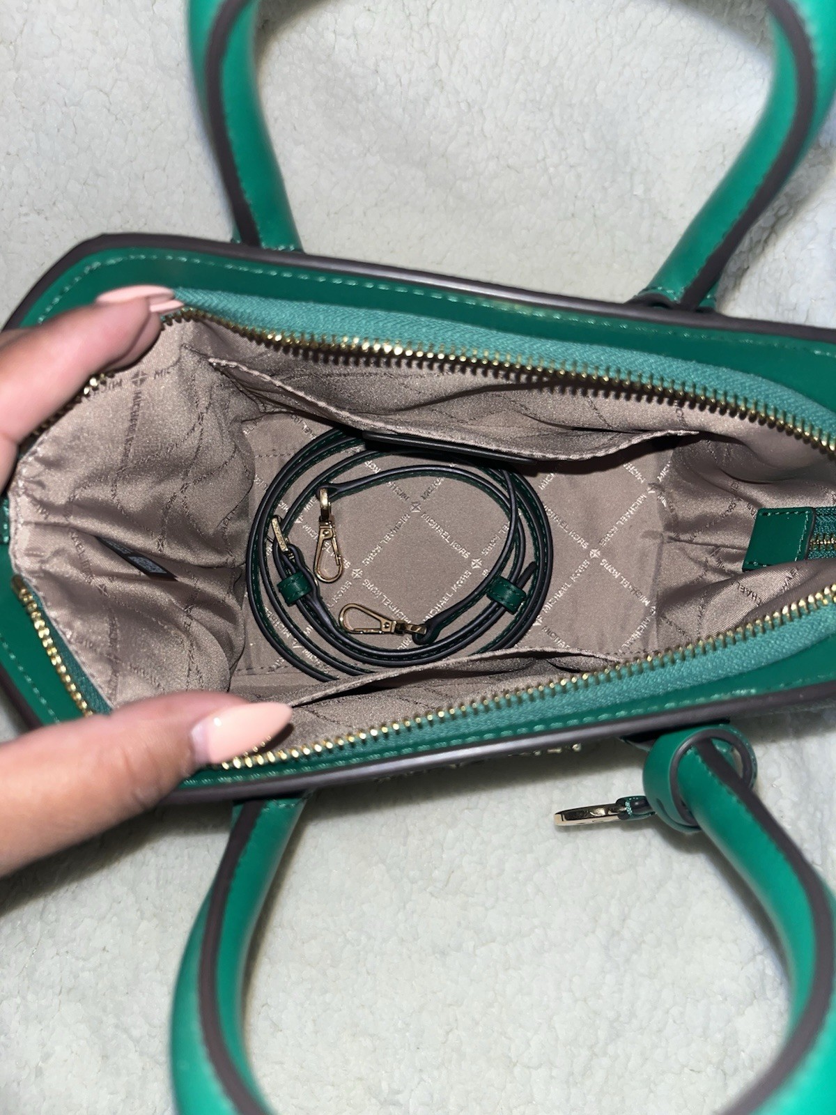 Michael Kors Monogram Satchel Top Handle Green/White Zip, Detachable Strap