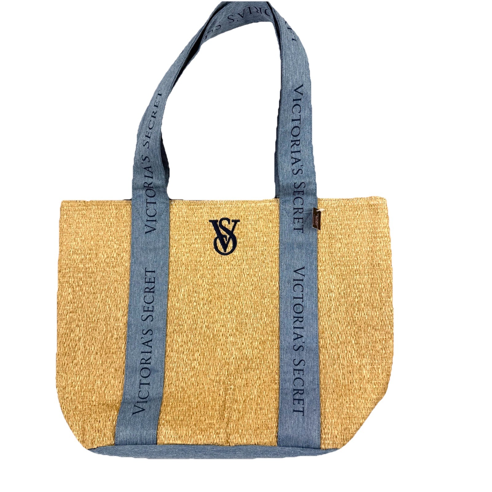 Victoria Secret Beach Tote Bag Raffia Straw Denim Handbag Purse Brand New