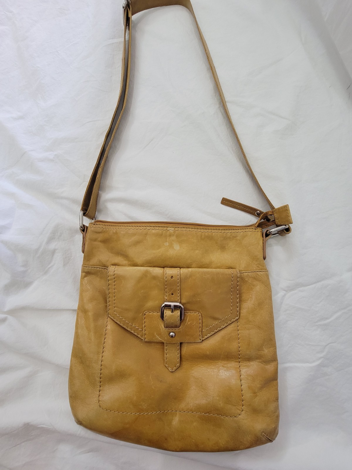 Tan Distressed Shoulder Bag with Buckle Accent, Zip & Snap Closures
