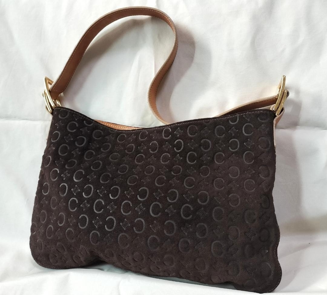 CELINE C Macadam Suede Shoulder Bag Dark Brown Gold Tone Hardware Vintage