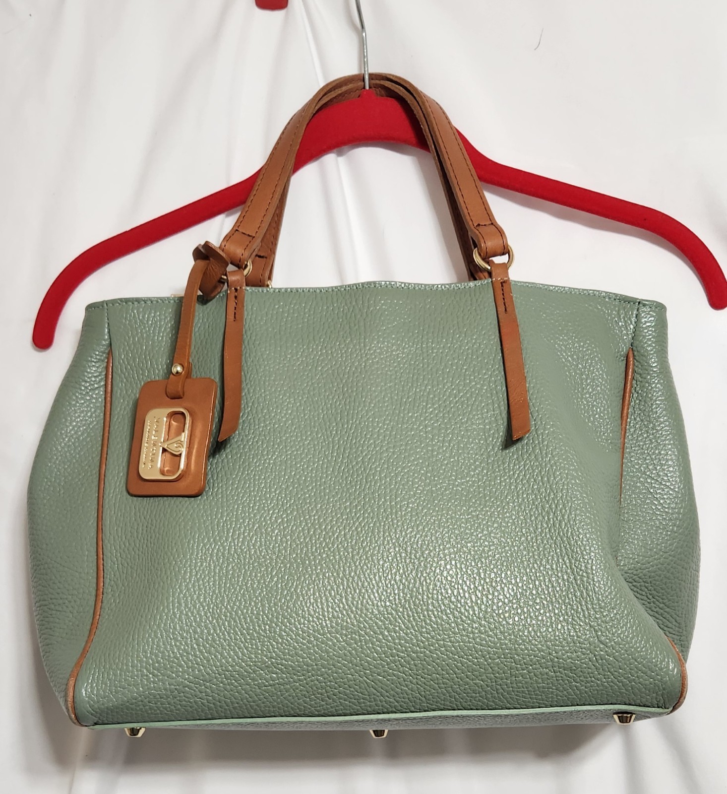 Valentina Sage Green Pebble Brown Leather Bag Made in Italy Corner Wear See Pics