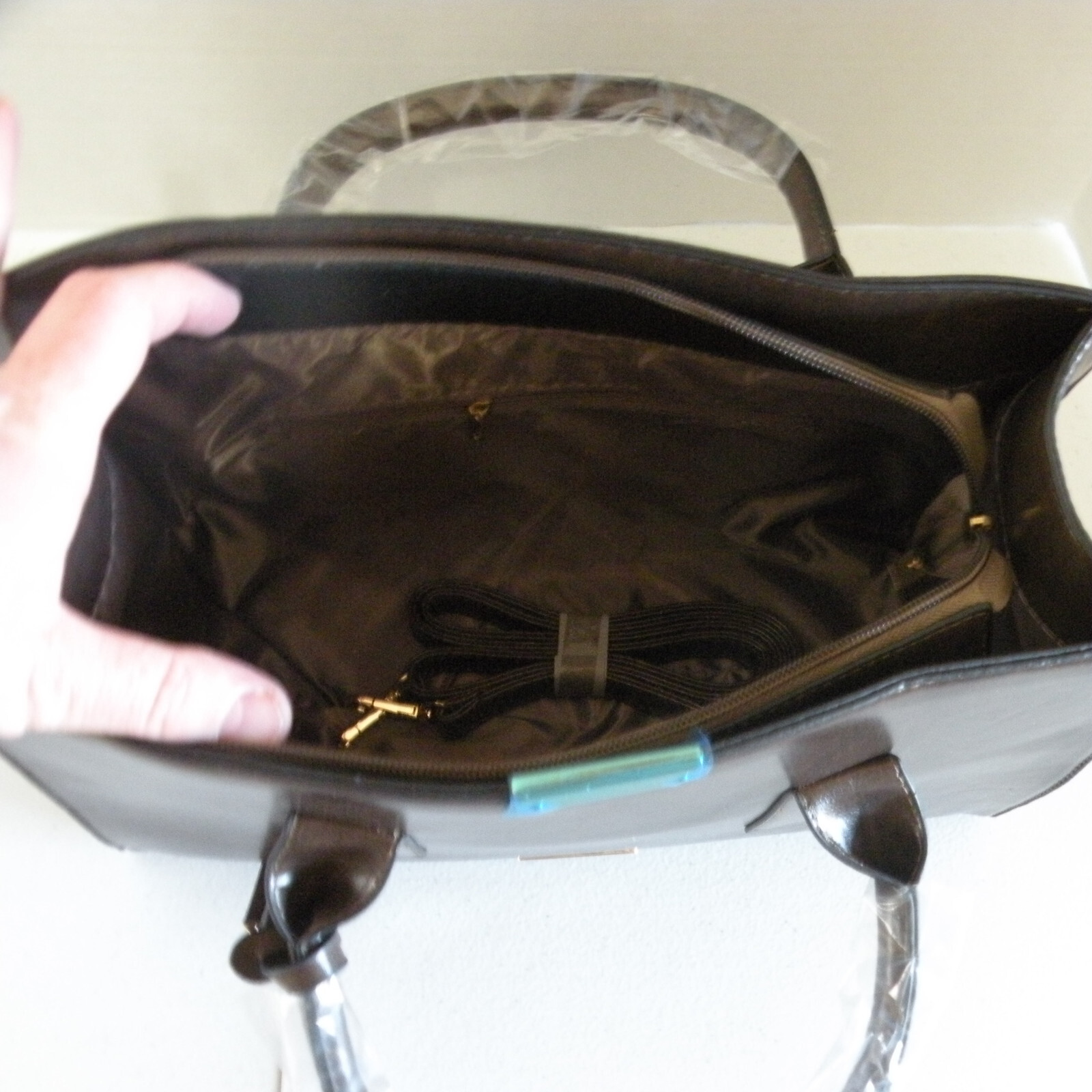 Dark Brown Leather Purse Handbag 13 in x 10 in x 5.5 in With Handles & Strap
