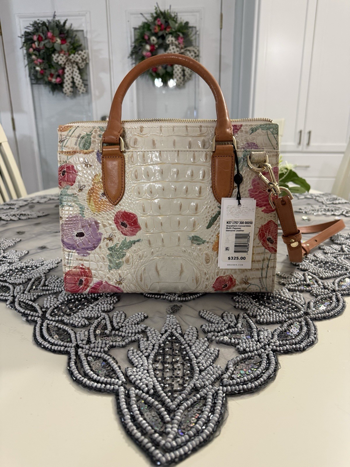 Brahmin Ivory Floral Embossed Satchel Top Handle Zip Gold Hardware Detach Strap