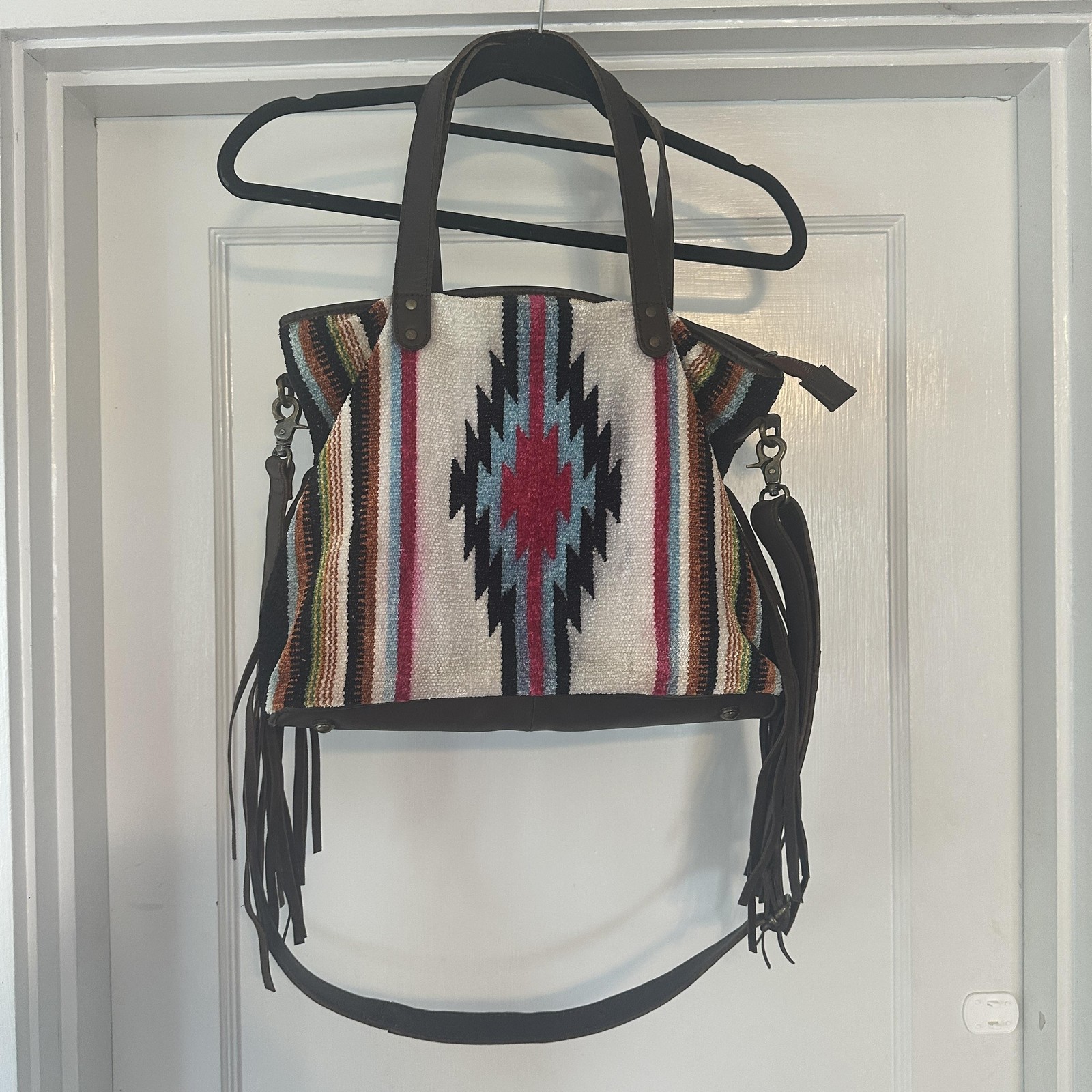 Montana Co Tote Bag Womens Large Southwestern Wool Leather Fringe Boho Purse