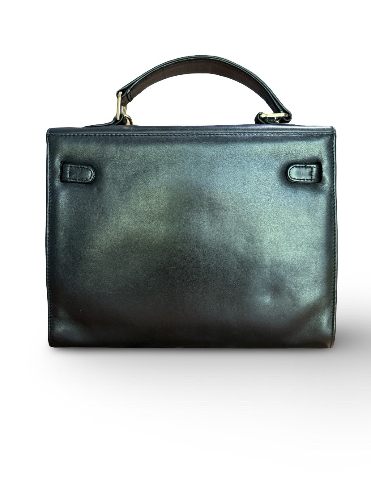Susan Gail Black Leather Top-Handle Satchel Kelly Handbag with Lock and Key