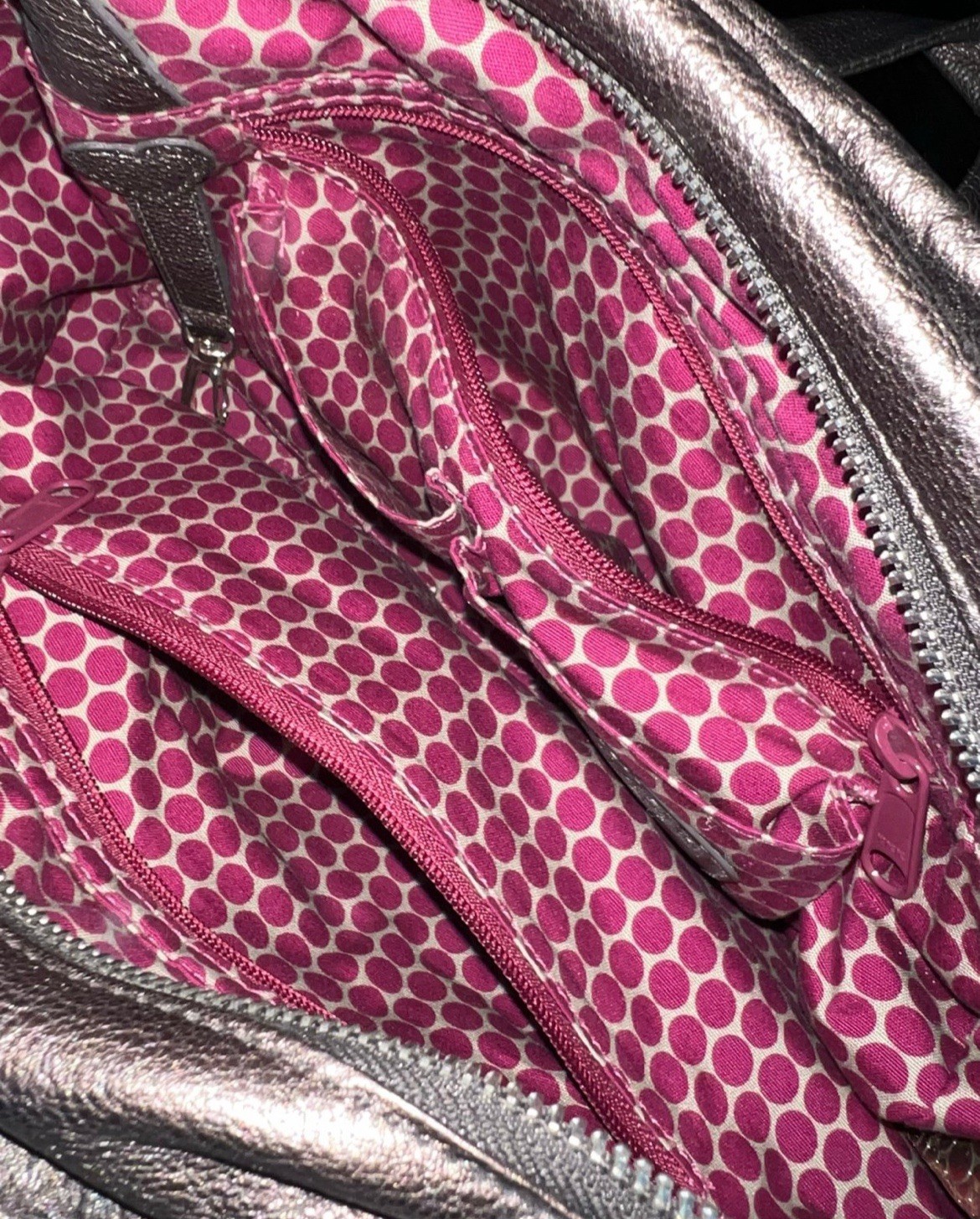 Brighton Metallic Silver Zip Satchel Top Handle Double Handles Pink Polka Lining