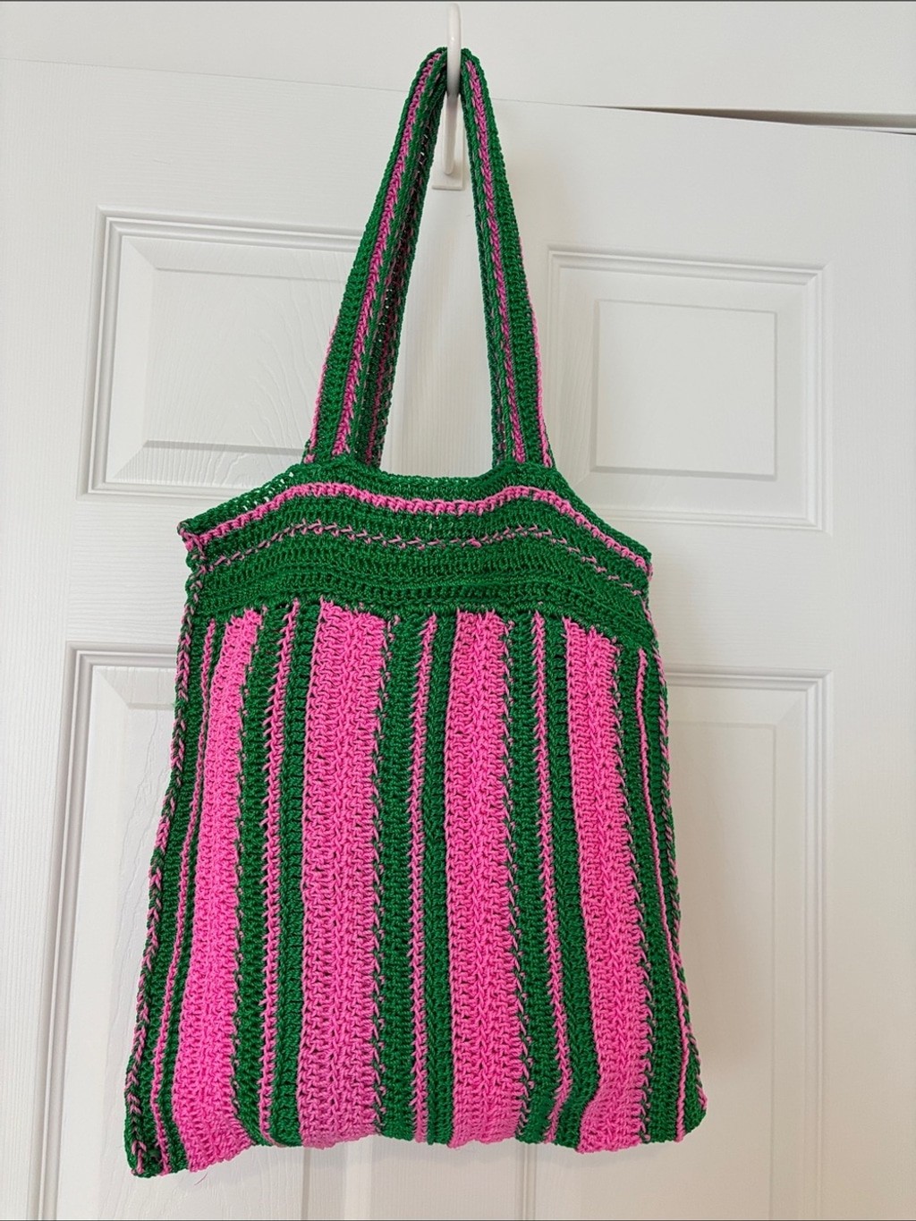 BEACH BAG Hand crocheted tote bag book bag neon pink & green vertical stripes