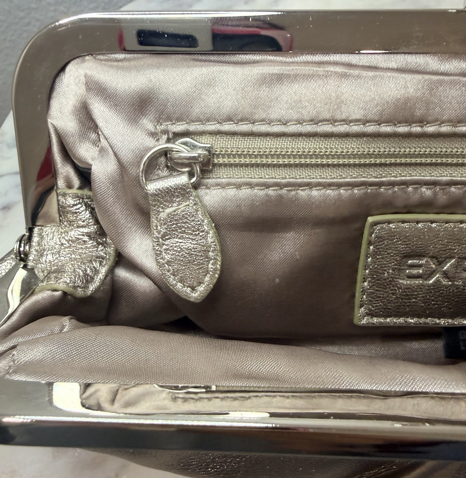 Express Metallic Silver Kiss Lock Pleated Clutch, Lined w/ Inner Pockets