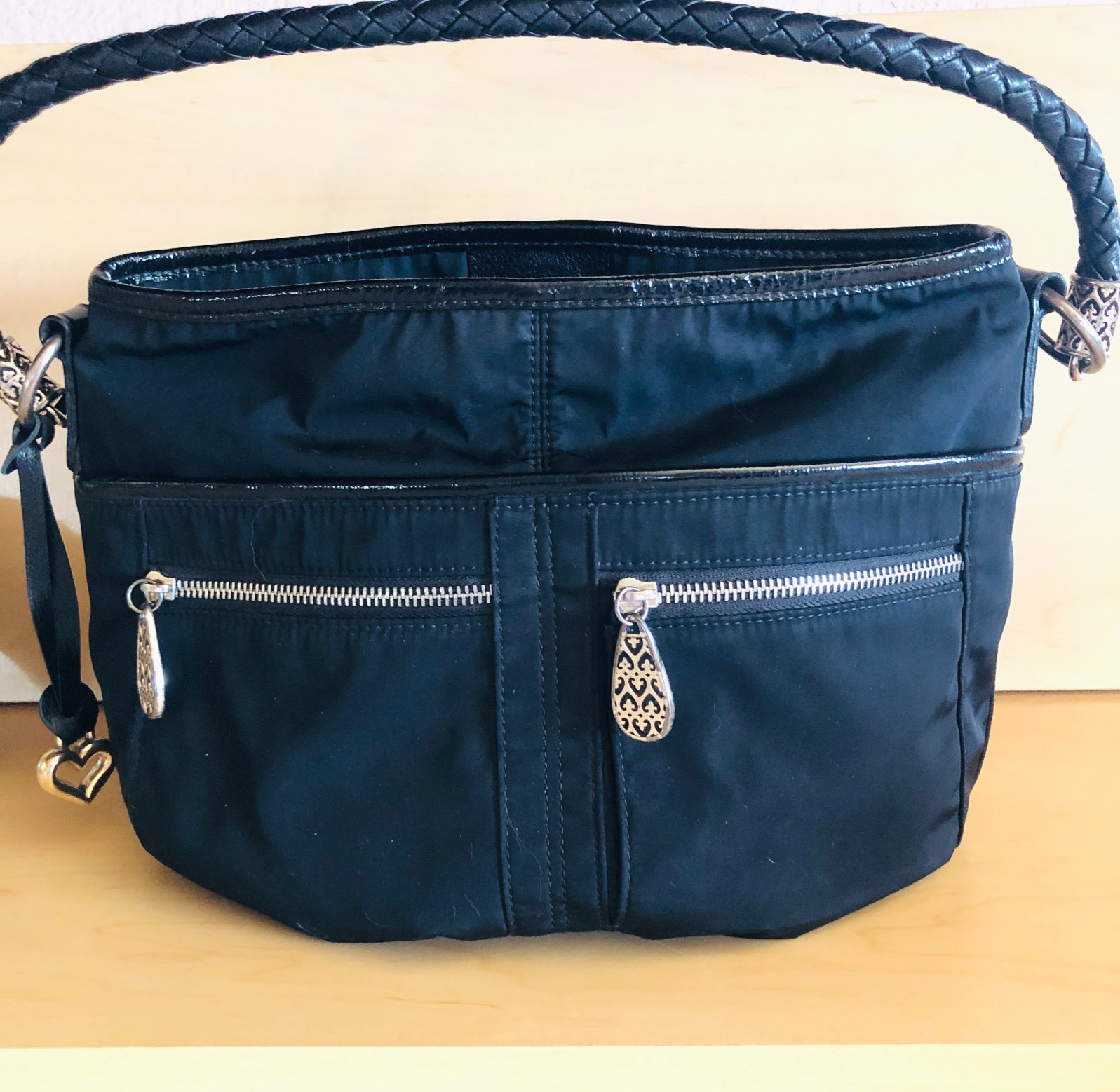 Brighton Collection Queen of Love Black Nylon Leather Trim Hobo Shoulder Bag