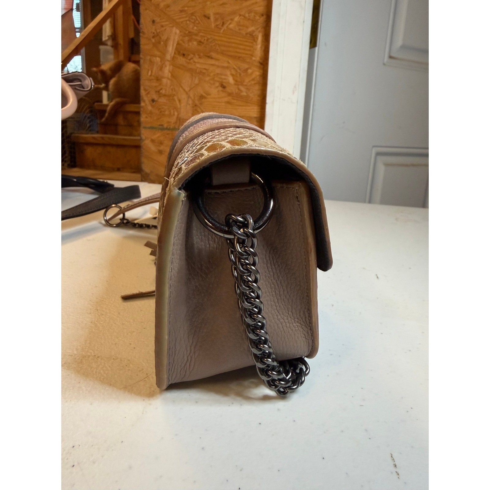 Purseption by B+L Snakeskin Embossed Leather Tassel Crossbody Bag Taupe Multi