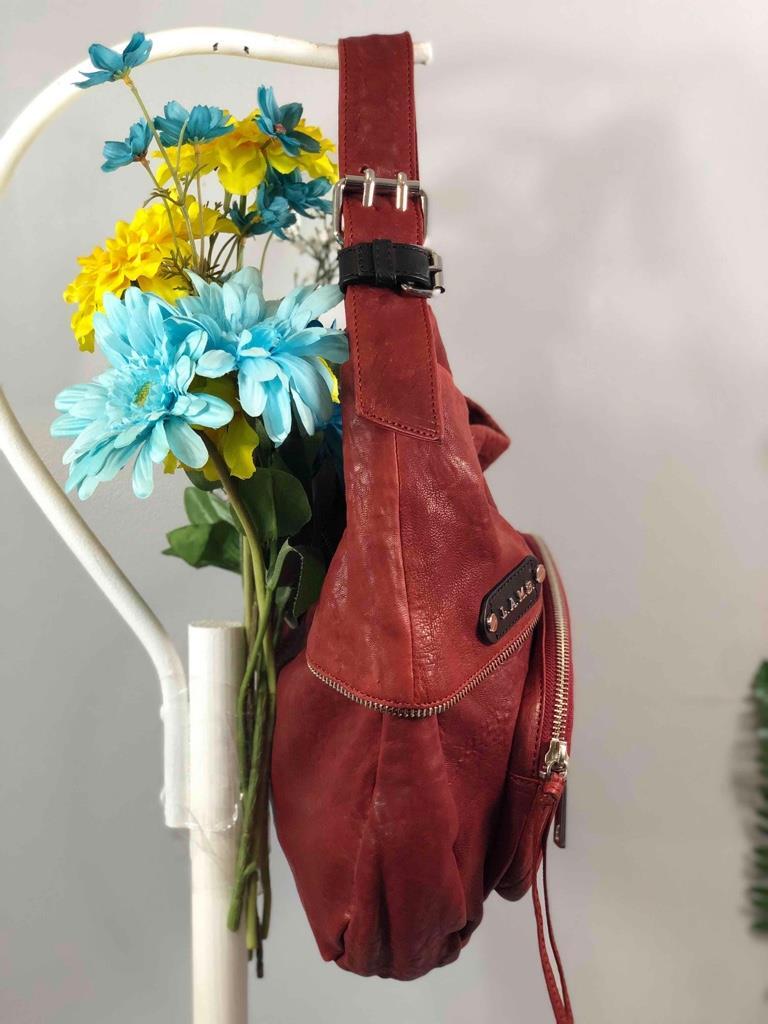 L.A.M.B. Buckle & Zipper Accent Red Leather Hobo Shoulder Bag